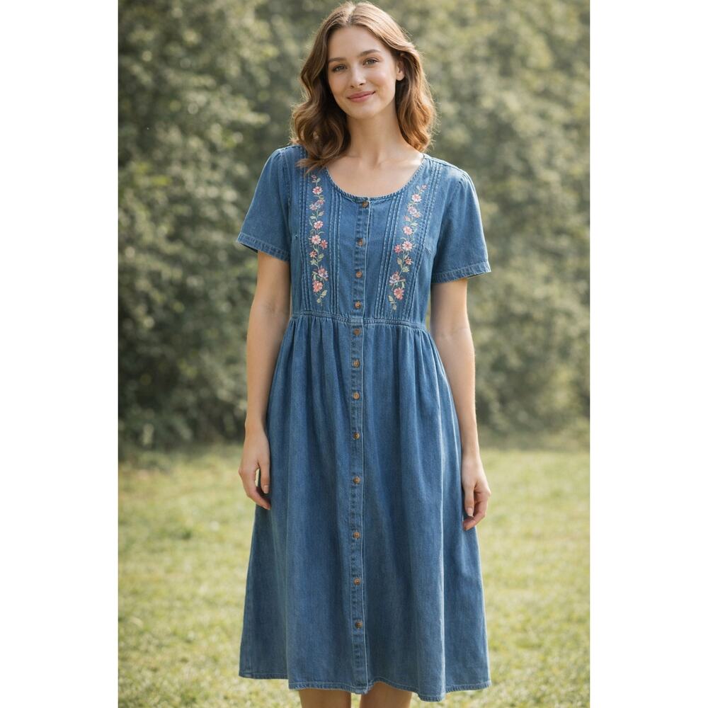 Jane Ashley Denim Embroidered Button Front Dress Size Medium Cottage Prairie 90s